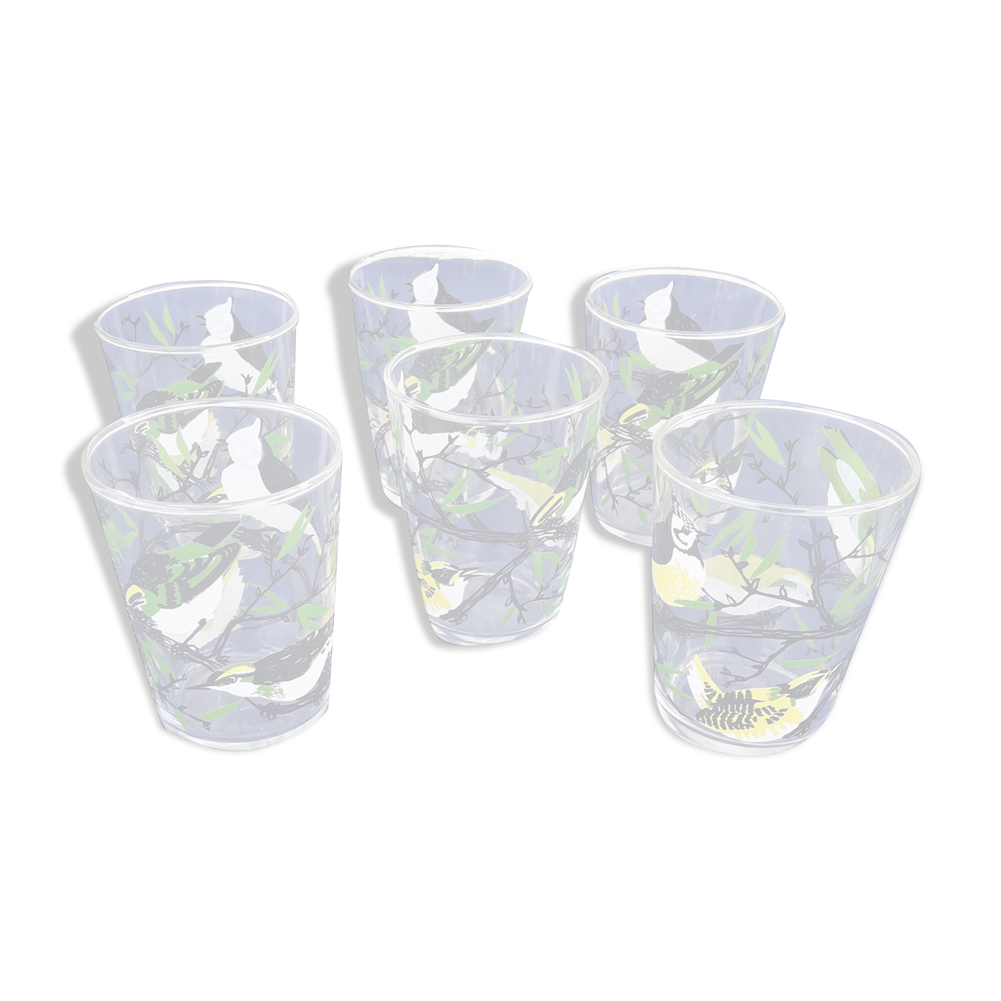 6 glasses old bird motif H 8 cm