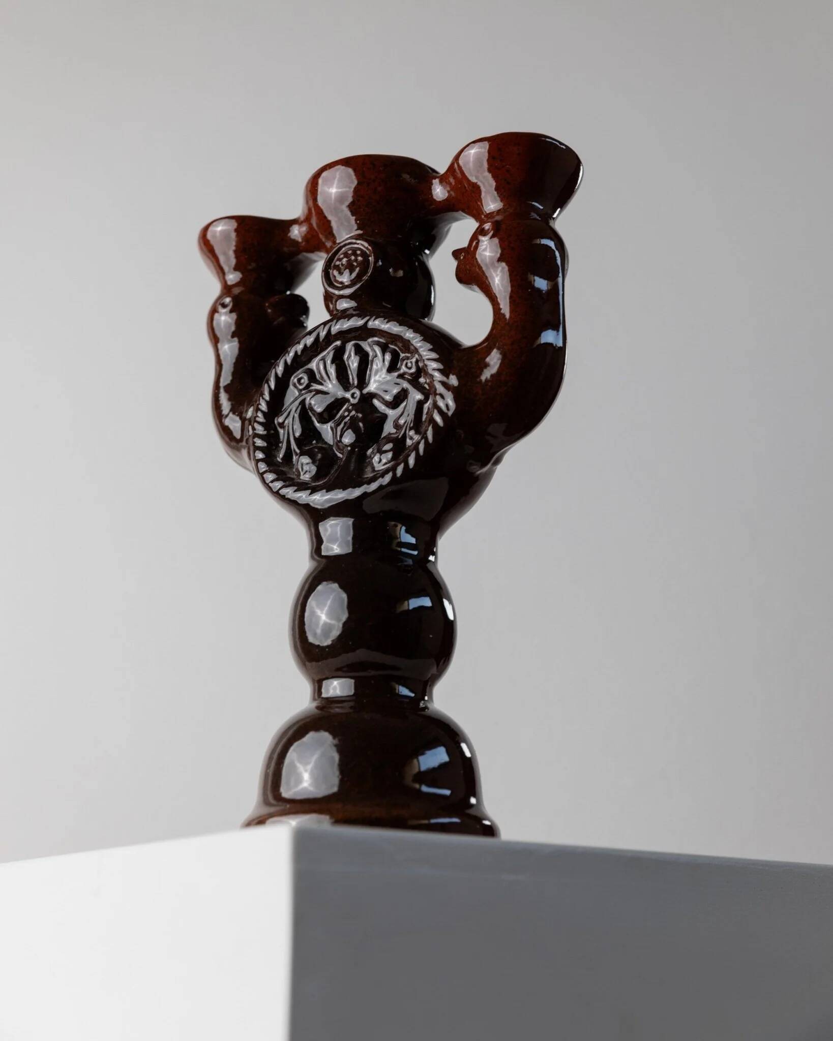 Large brown glazed ceramic candle holder for 3 candles - Brutalist mid-century Estonian design, 1960s