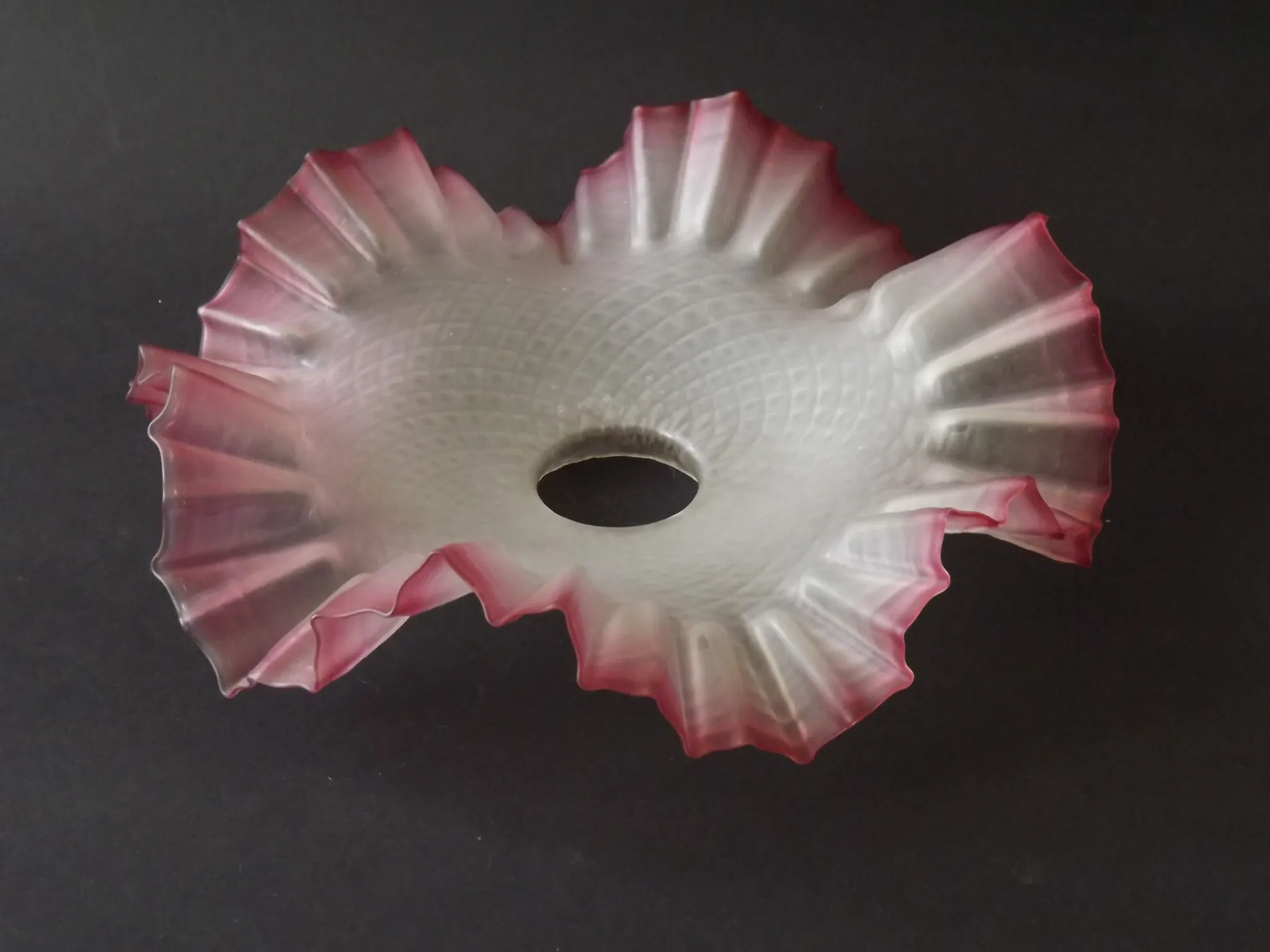 French Vintage 1930s Patterned Pink And White Frilled Glass Shade