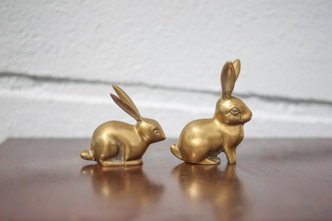 Pair of brass rabbit, rabbit statue, brass animal, rabbit figurine, collection, rabbit, brass rabbit