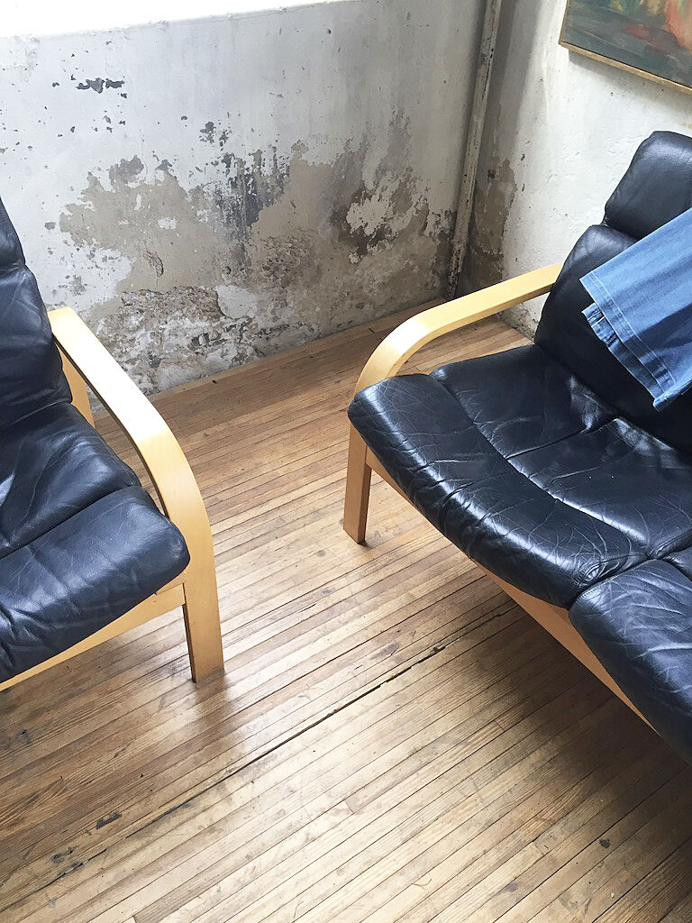 Danish sofa and armchairs curved wood and leather