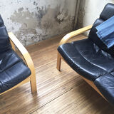 Danish sofa and armchairs curved wood and leather