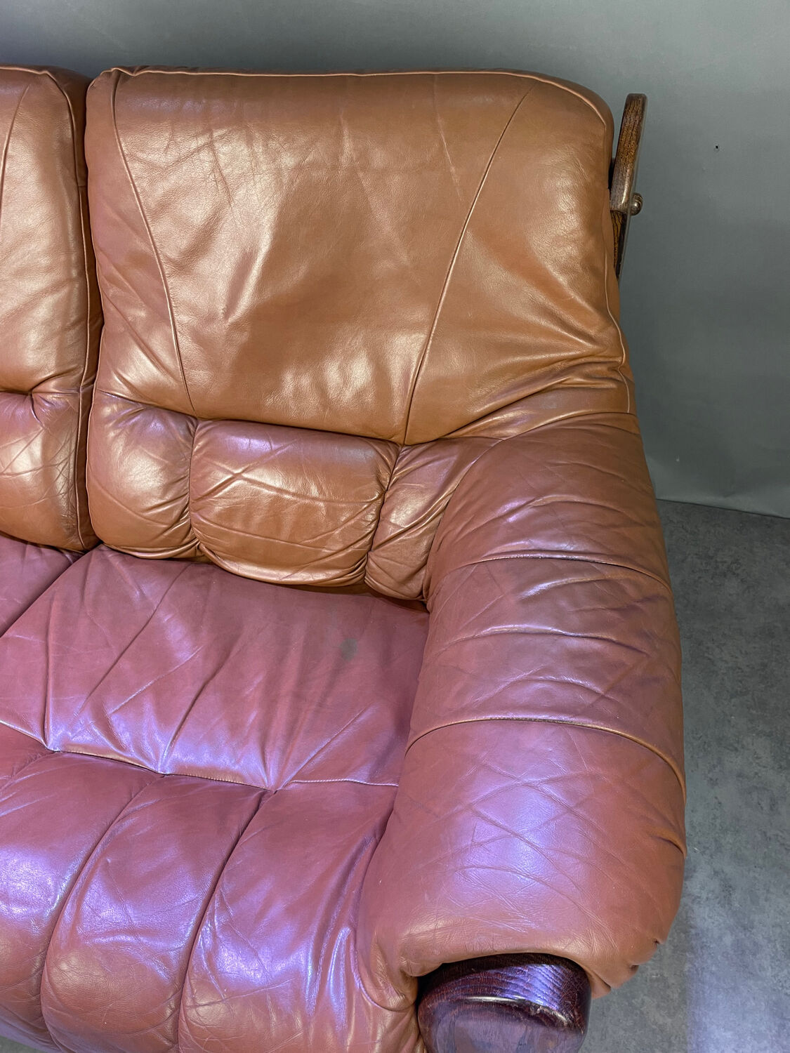 Brutalist style wood and leather sofa