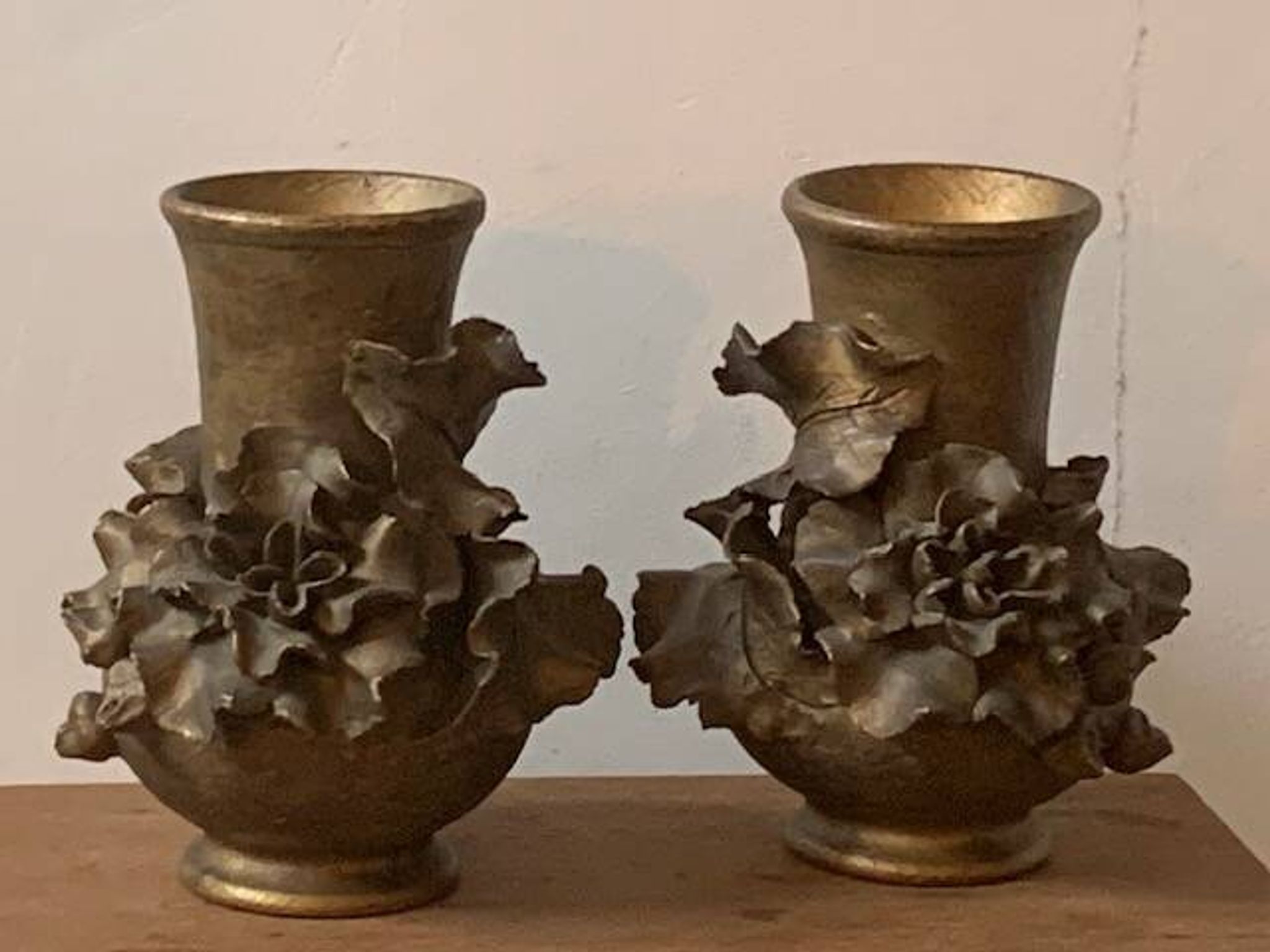 Pair of slip vases, ceramic with golden patina, signed Édouard Gilles.