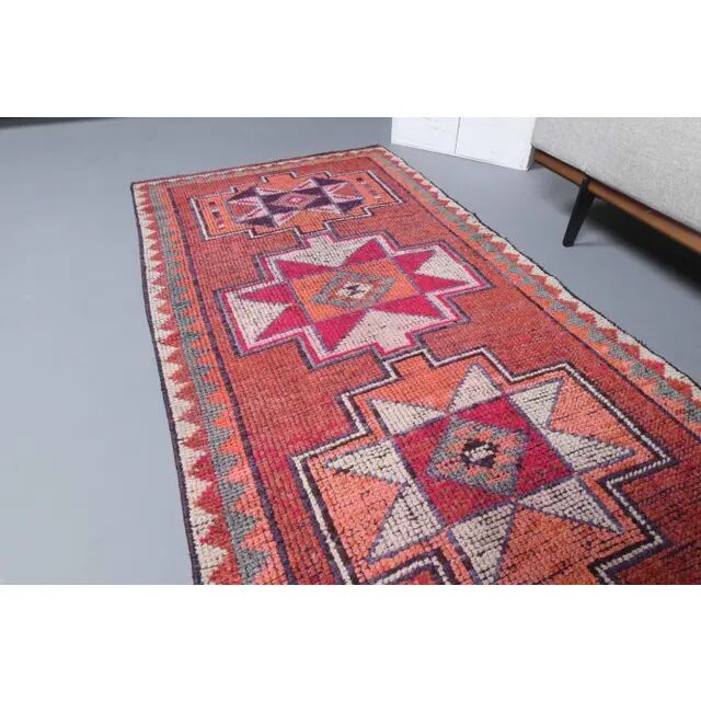 Vintage Turkish Oushak Handmade Wool Cotton Red Runner 87x336