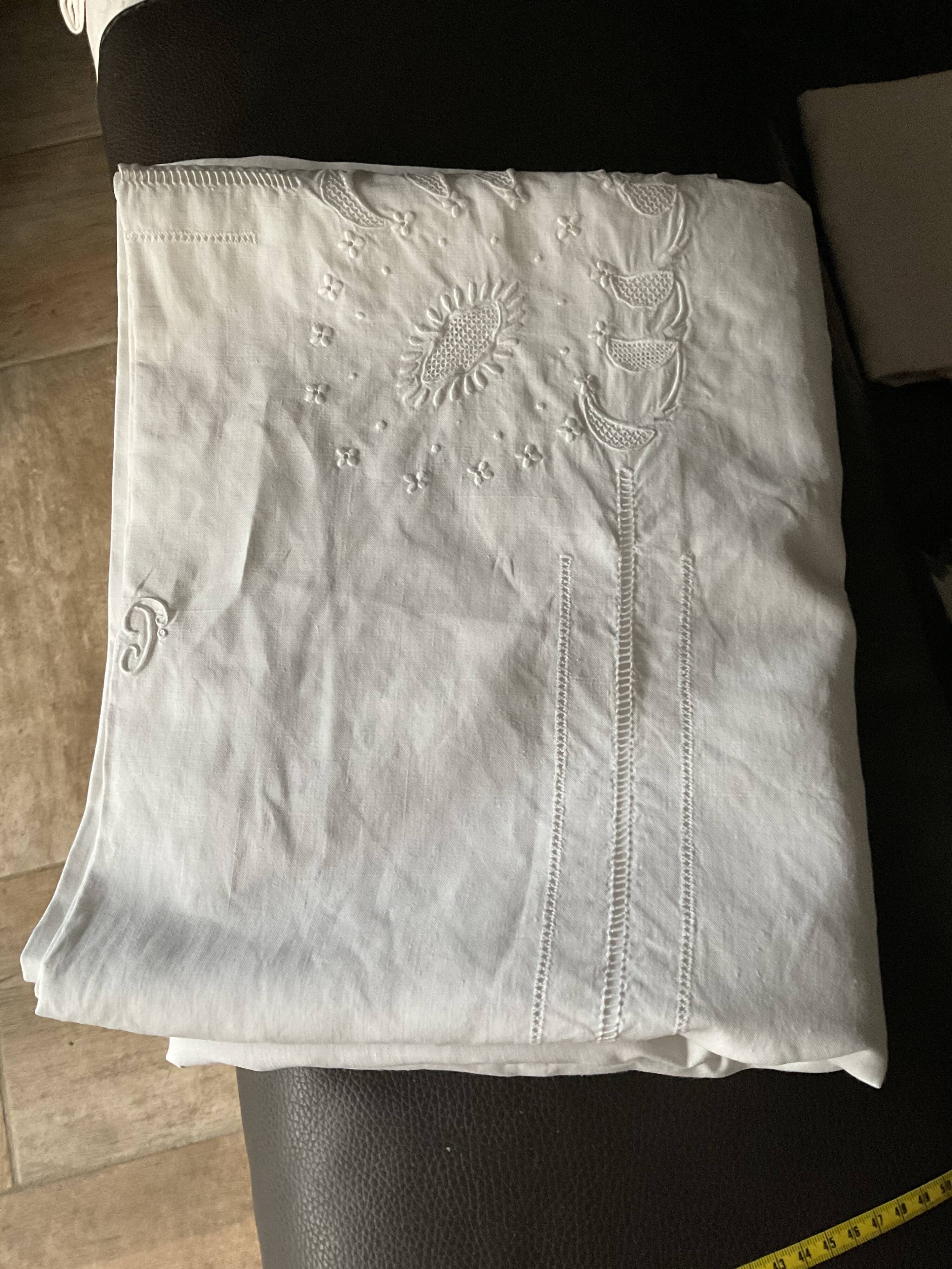 Linen tablecloth .embroidered .monogram T P . 296 cm x 170 cm