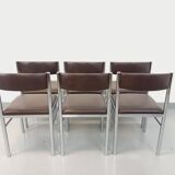 Set of 6 vintage chairs from the 70s in chrome metal and brown faux leather.