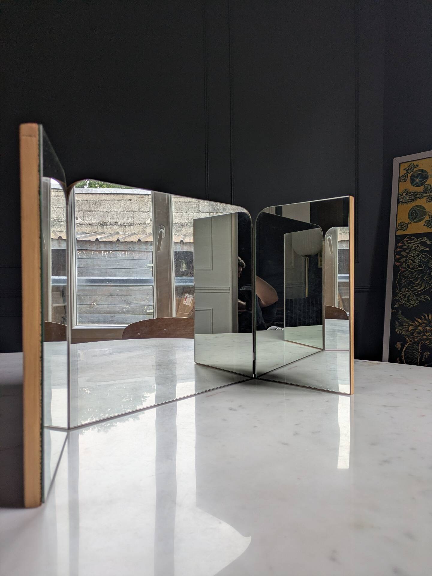 Mid-century tabletop triptych dressing mirror