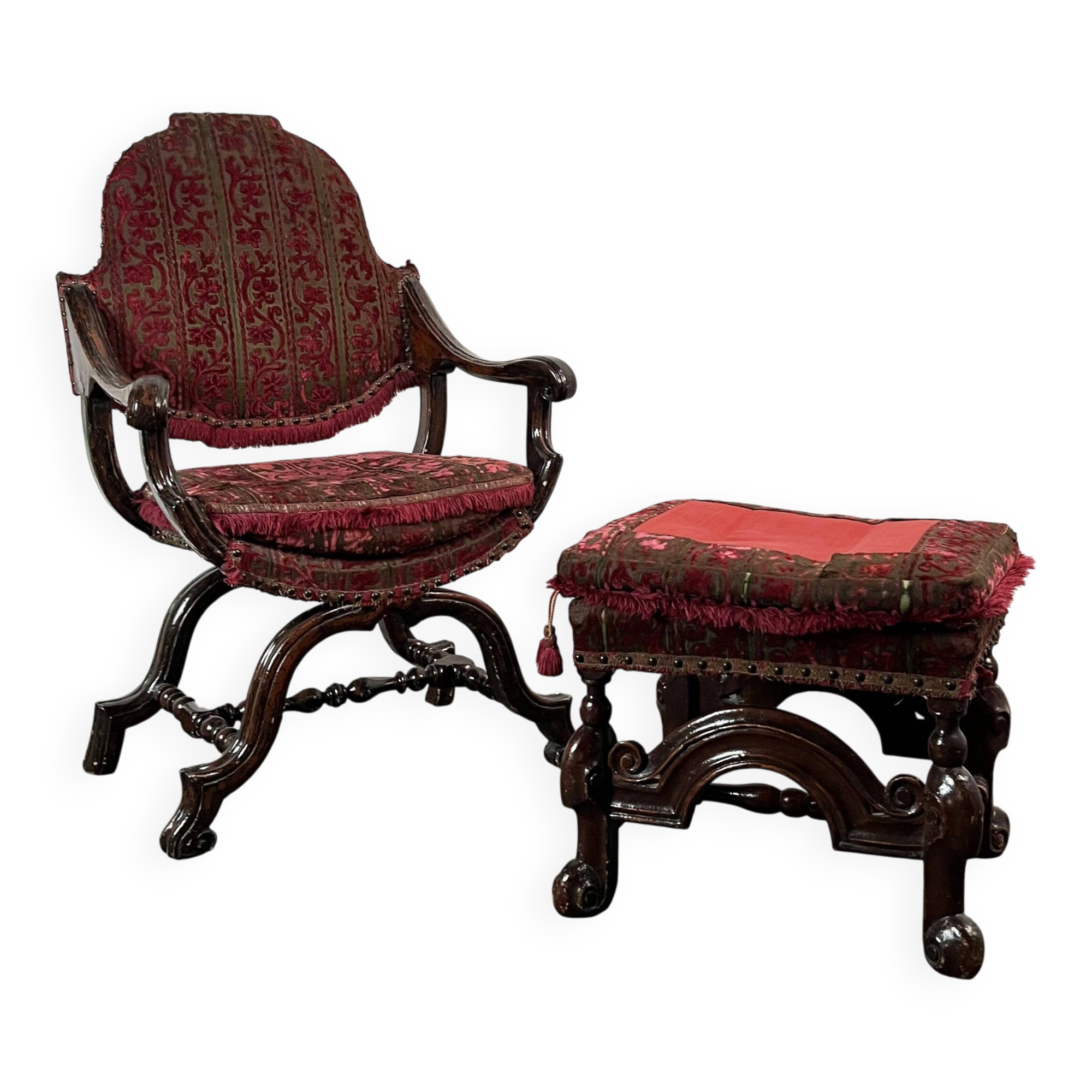Fauteuil Curule, X-frame chair, William & Mary avec son repose-pied XVIIe