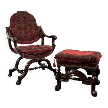 Fauteuil Curule, X-frame chair, William & Mary avec son repose-pied XVIIe