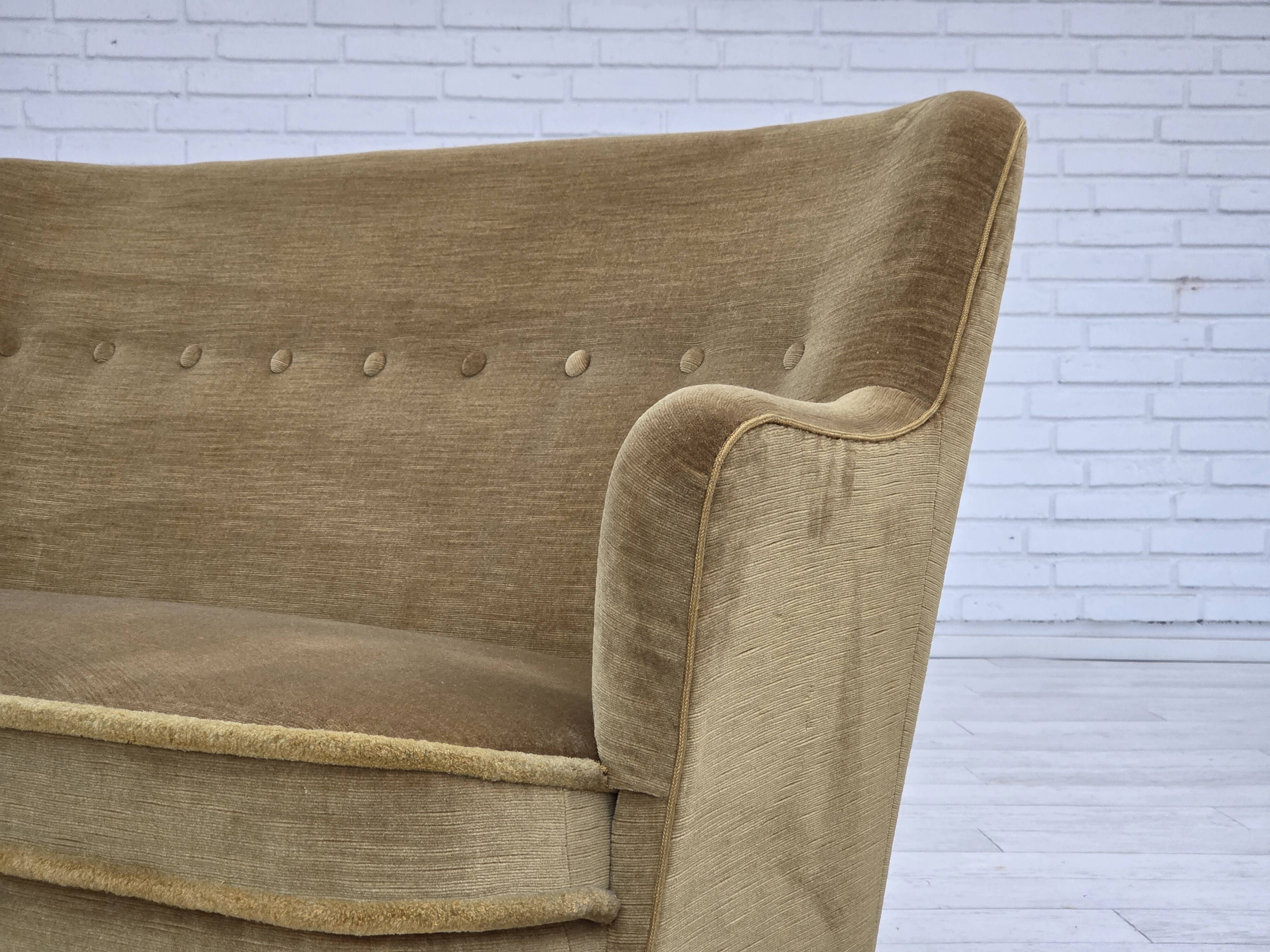 1970s, Danish 2-seater sofa, light green furniture velour, beech wood.