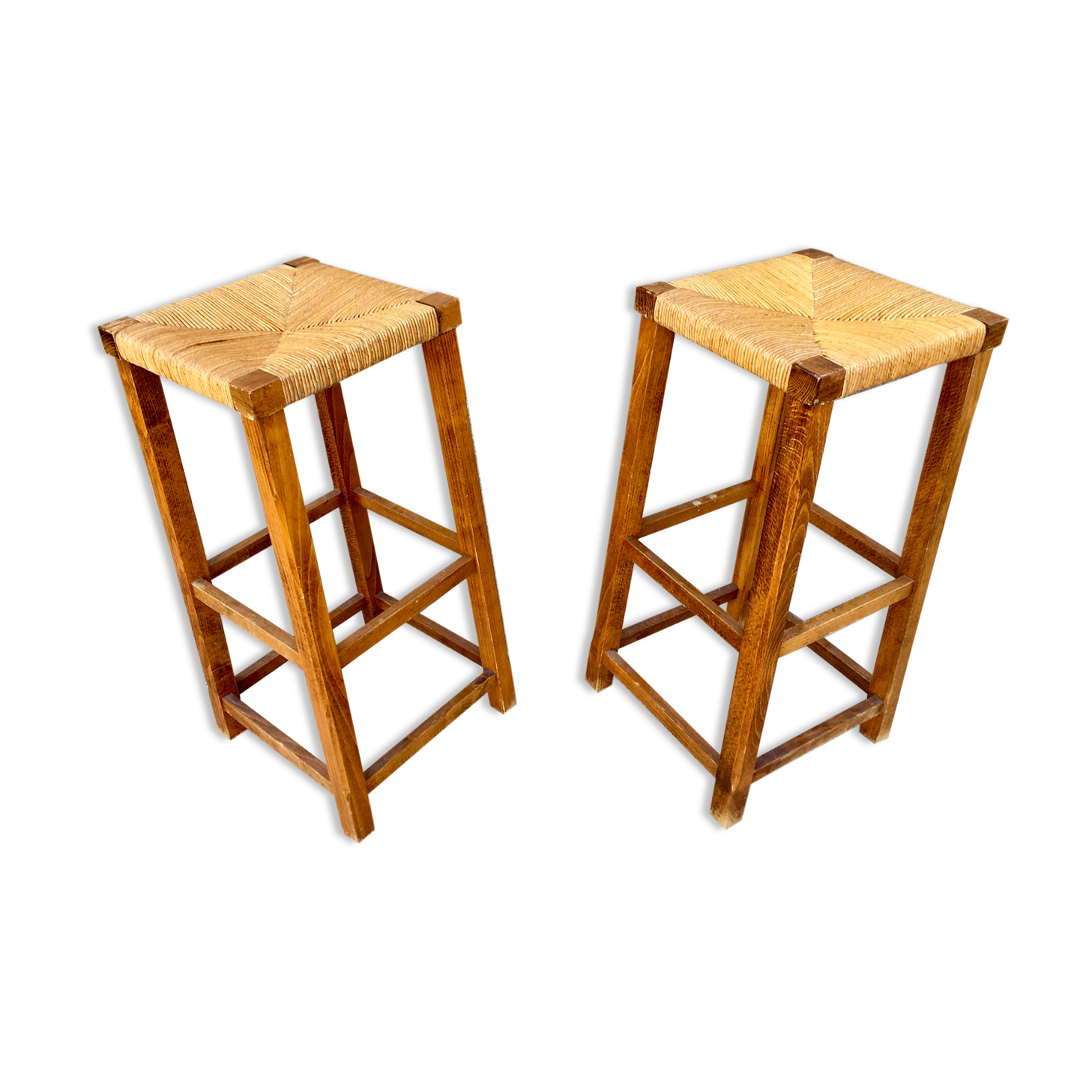 Pair of stools straw end of sofa solid wood 1950 decoration vintage furniture