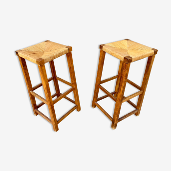 Pair of stools straw end of sofa solid wood 1950 decoration vintage furniture