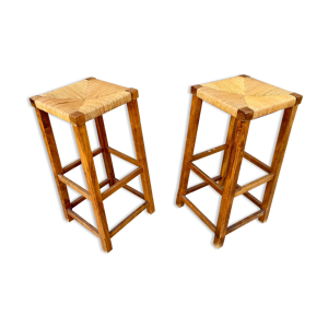 Paire tabourets porte plante paille bout canapé bois massif 1950 décoration meuble vintage