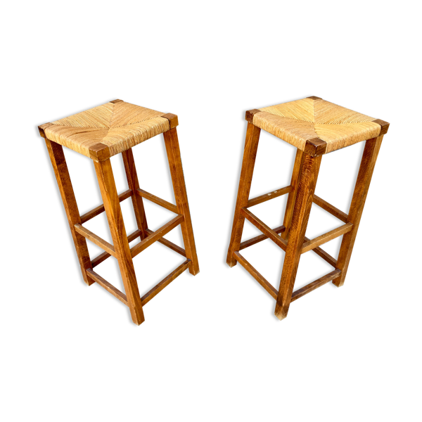 Paire de tabourets porte plante paille bout de canapé bois massif 1950 décoration meuble vintage
