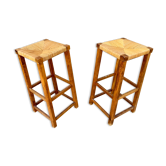 Paire de tabourets porte plante paille bout de canapé bois massif 1950 décoration meuble vintage