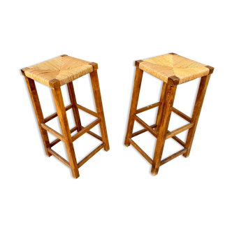 Pair of stools straw end of sofa solid wood 1950 decoration vintage furniture