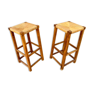 Paire de tabourets porte plante paille bout de canapé bois massif 1950 décoration meuble vintage