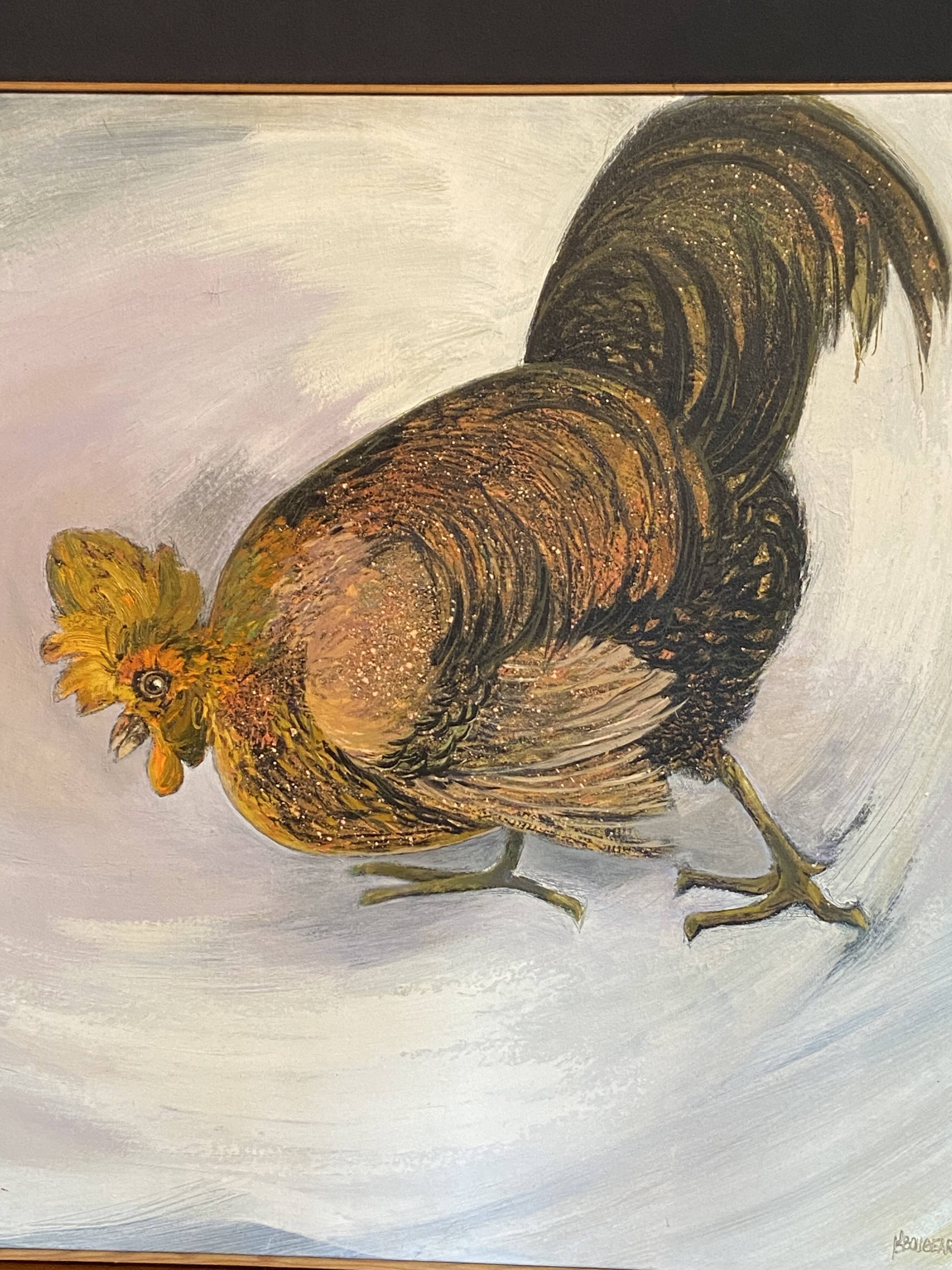 Large oil painting on canvas of a cockfight by Yves BOUGEARD