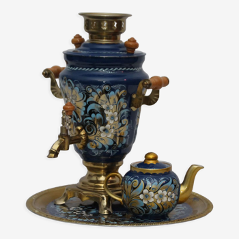 Samovar bleu doré emaillé motif floral plateau rond théière en porcelaine