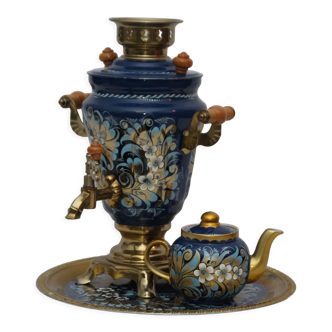 Samovar bleu doré emaillé motif floral plateau rond théière en porcelaine