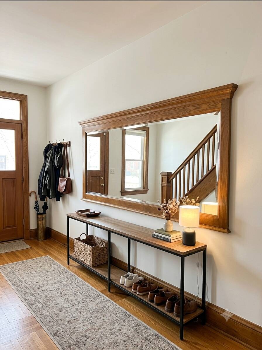 Miroir XXL biseauté en chêne, 210cm de L