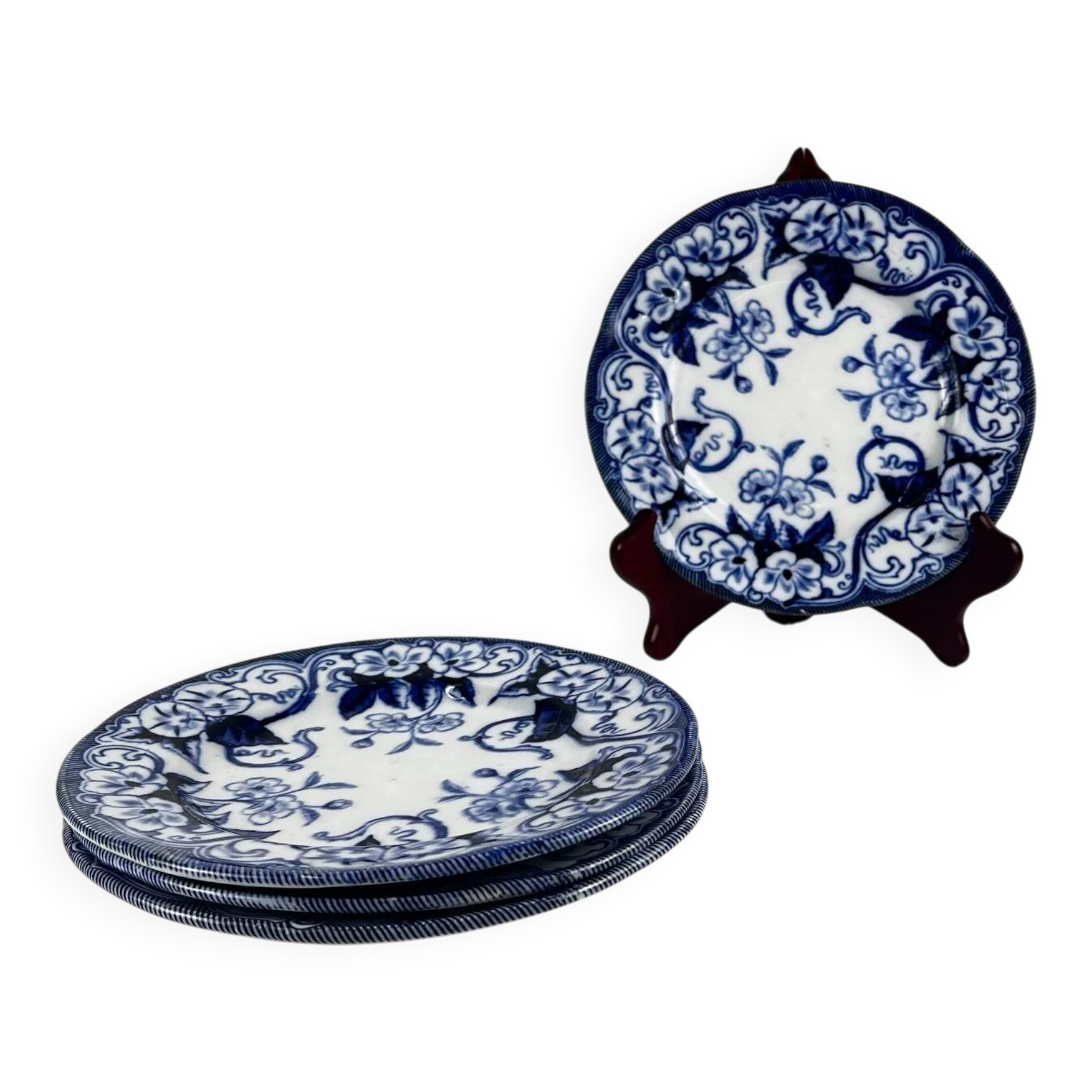 Set of 4 dessert plates in ironstone "Flora" – Creil and Montereau, 19th century, blue