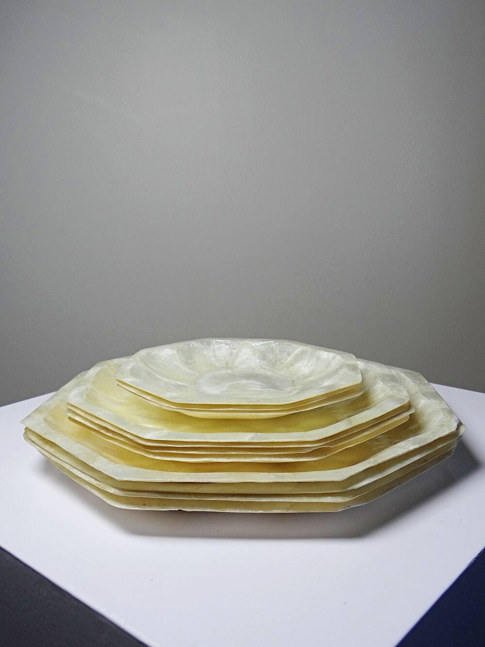 Octagonal capiz shell bowls/trays, vintage Asia from the 1970s-1980s.