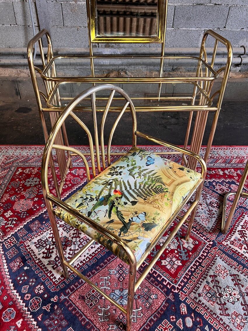 Dressing table and matching psyche in gold metal and glass 70