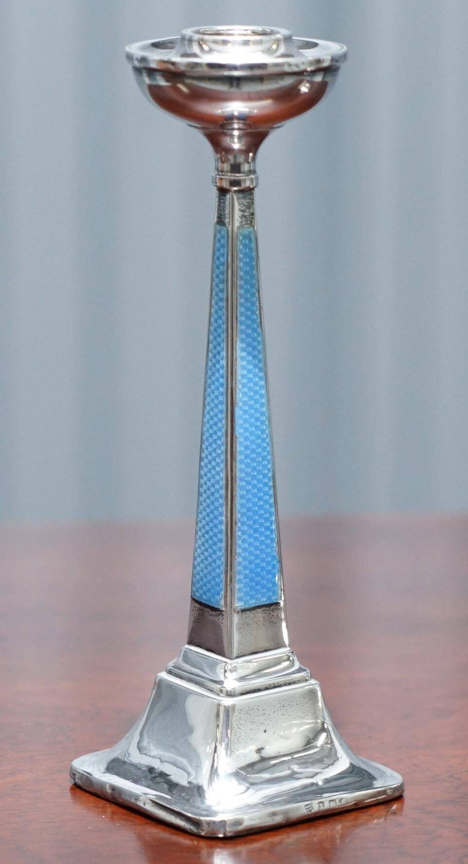 Pair of sterling silver and enamel candlesticks 1927 by Charles Green & Co.