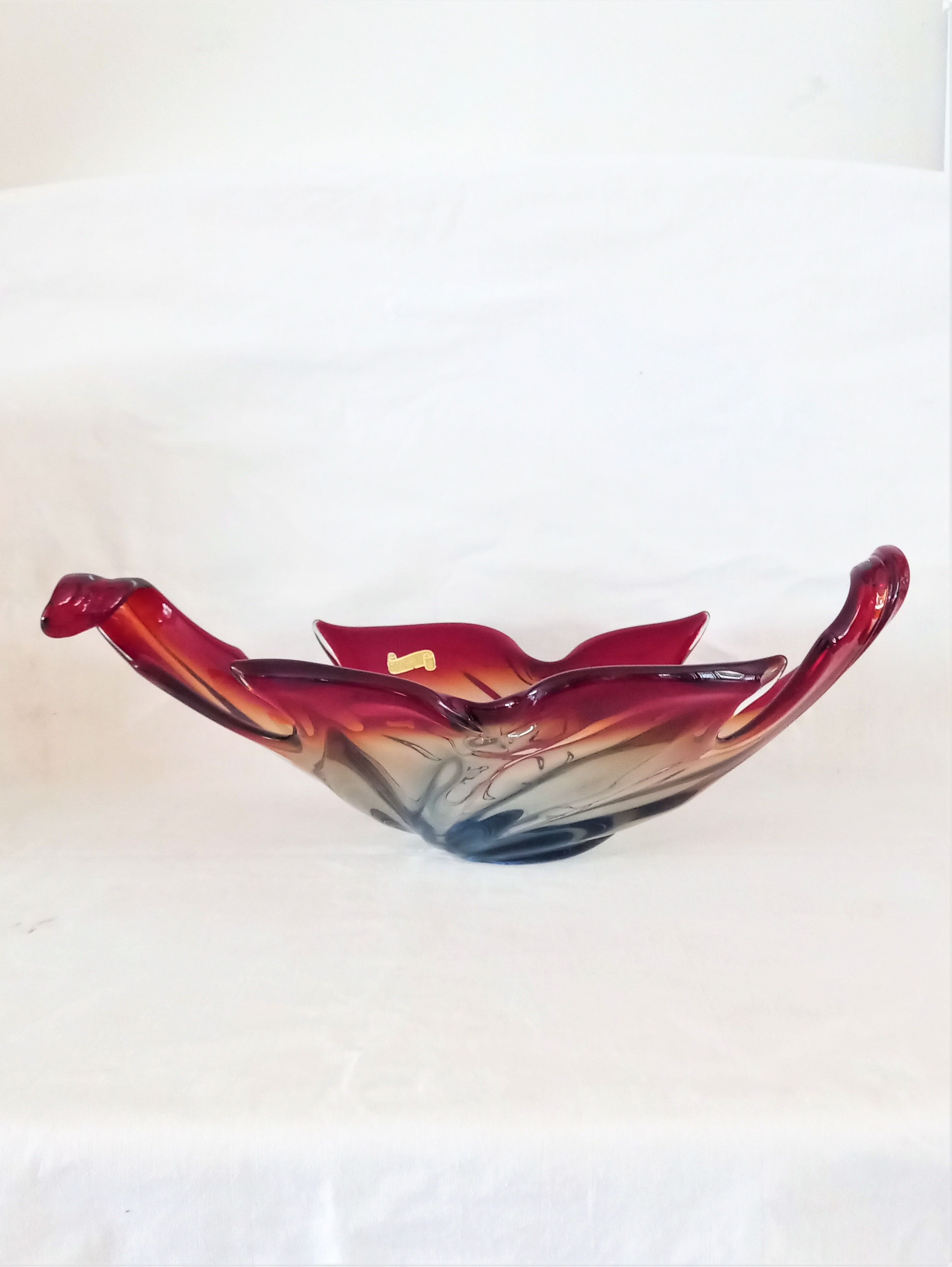 Bol Centre De Table Vintage Verre Soufflé Main Style Murano Novica - Orange-rouge, 16 Pouces