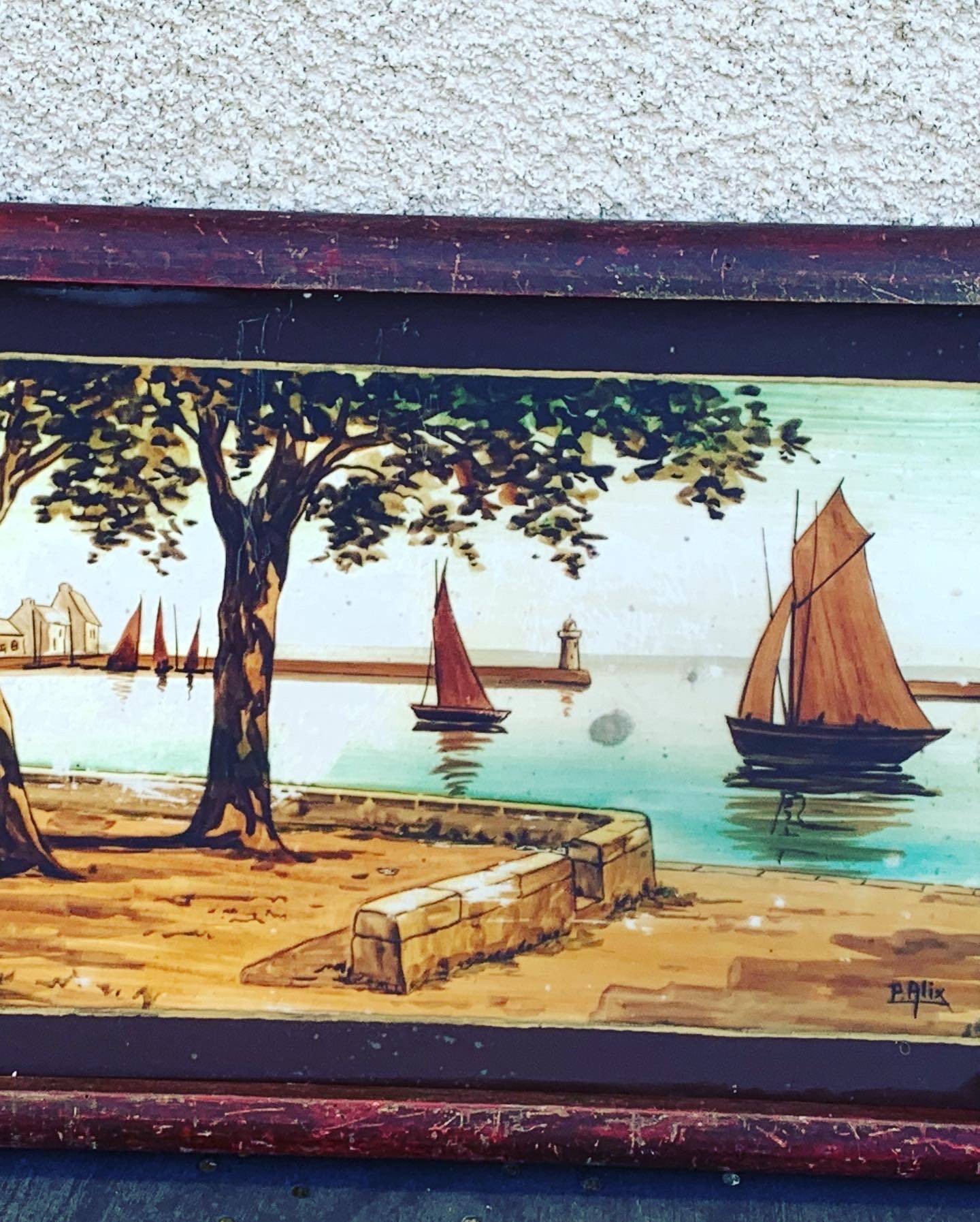 Marine painting, fixed on glass, signed P. Alix, art deco, old