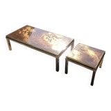 Tables basses en laiton et verre églomisé, années 70