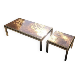 Tables basses en laiton et verre églomisé, années 70