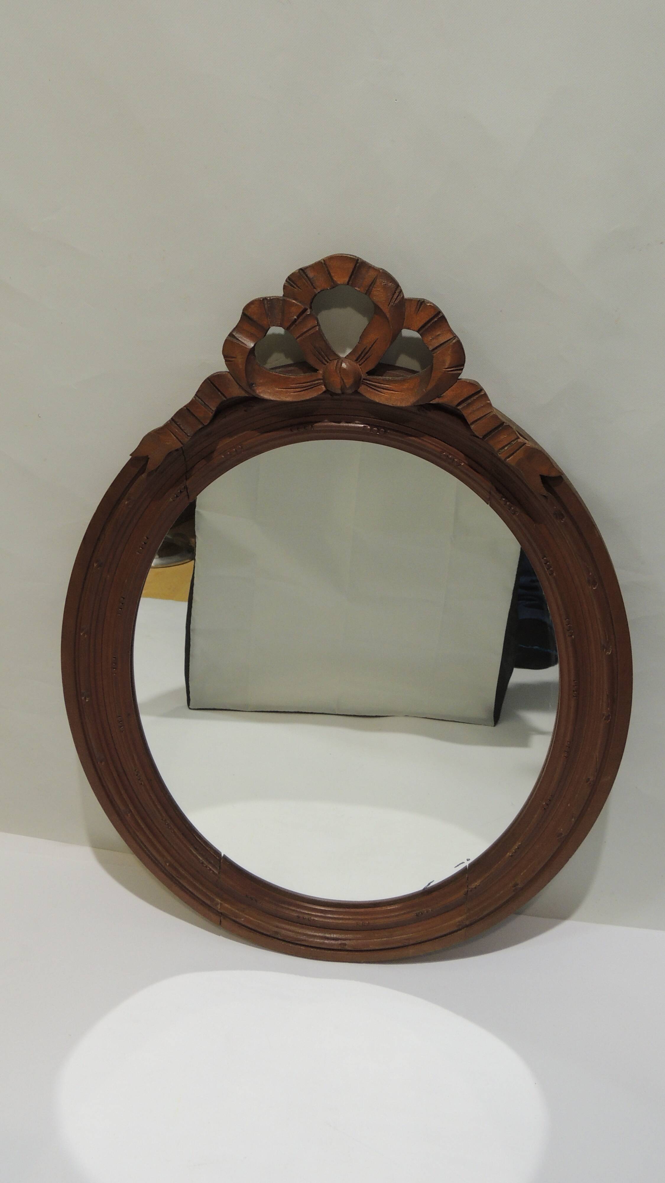 Antique oval mirror in carved wood – Louis XVI style, ribbon bow decoration, mid
