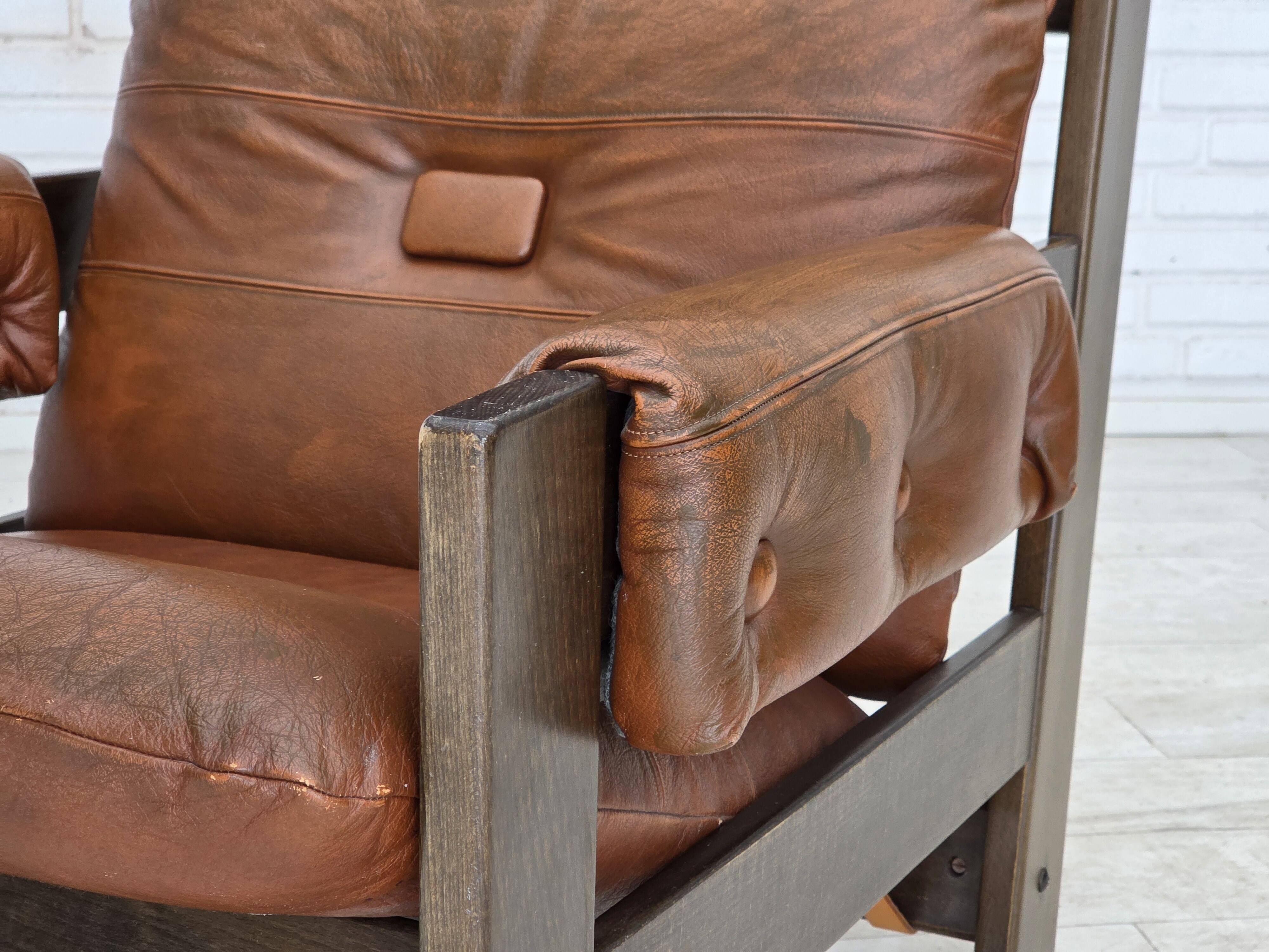 1970s, Scandinavian armchair, furniture leather, canvas, oak wood.