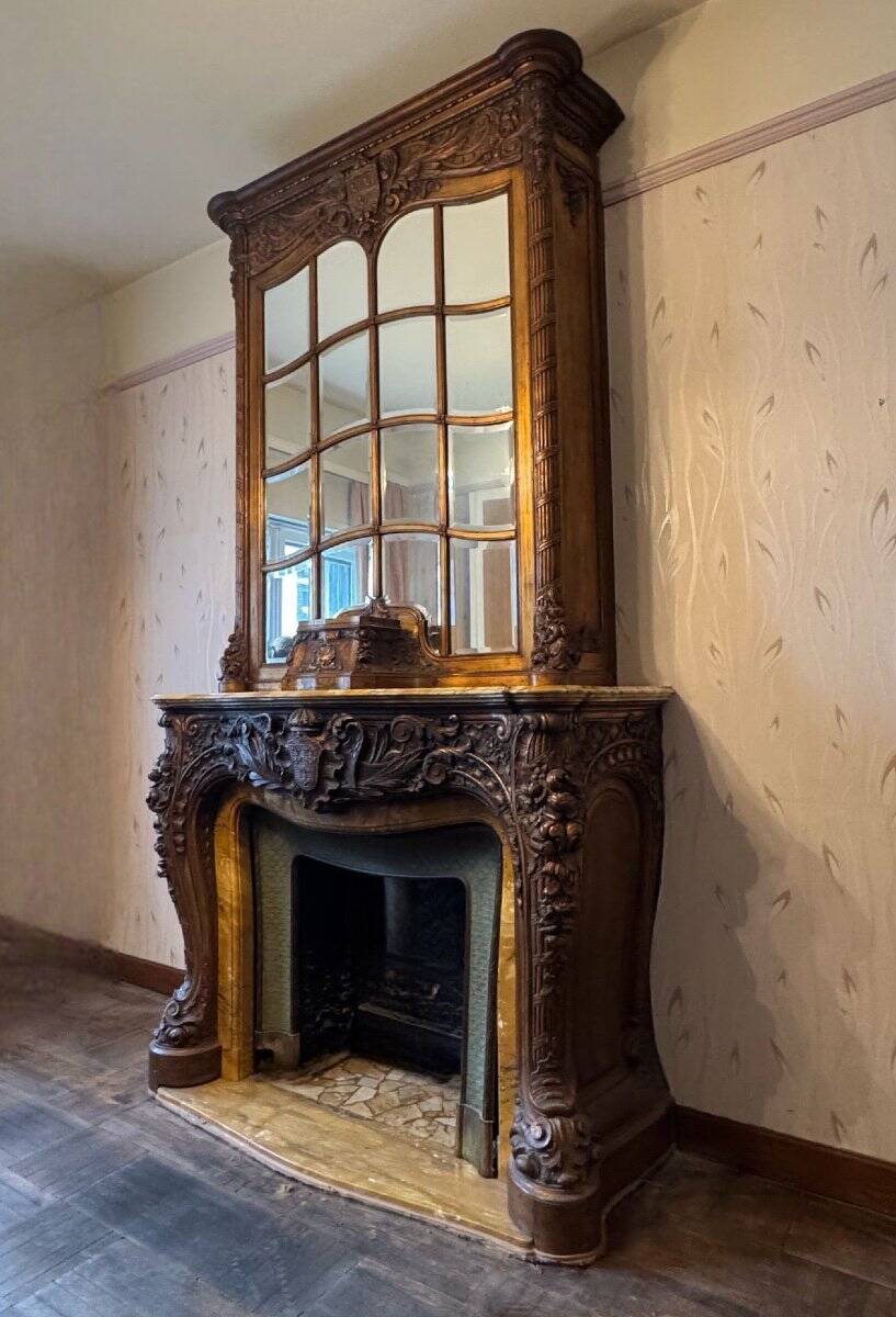Impressive Fireplace And Its Trumeau In Carved Wood Underlined With Marble