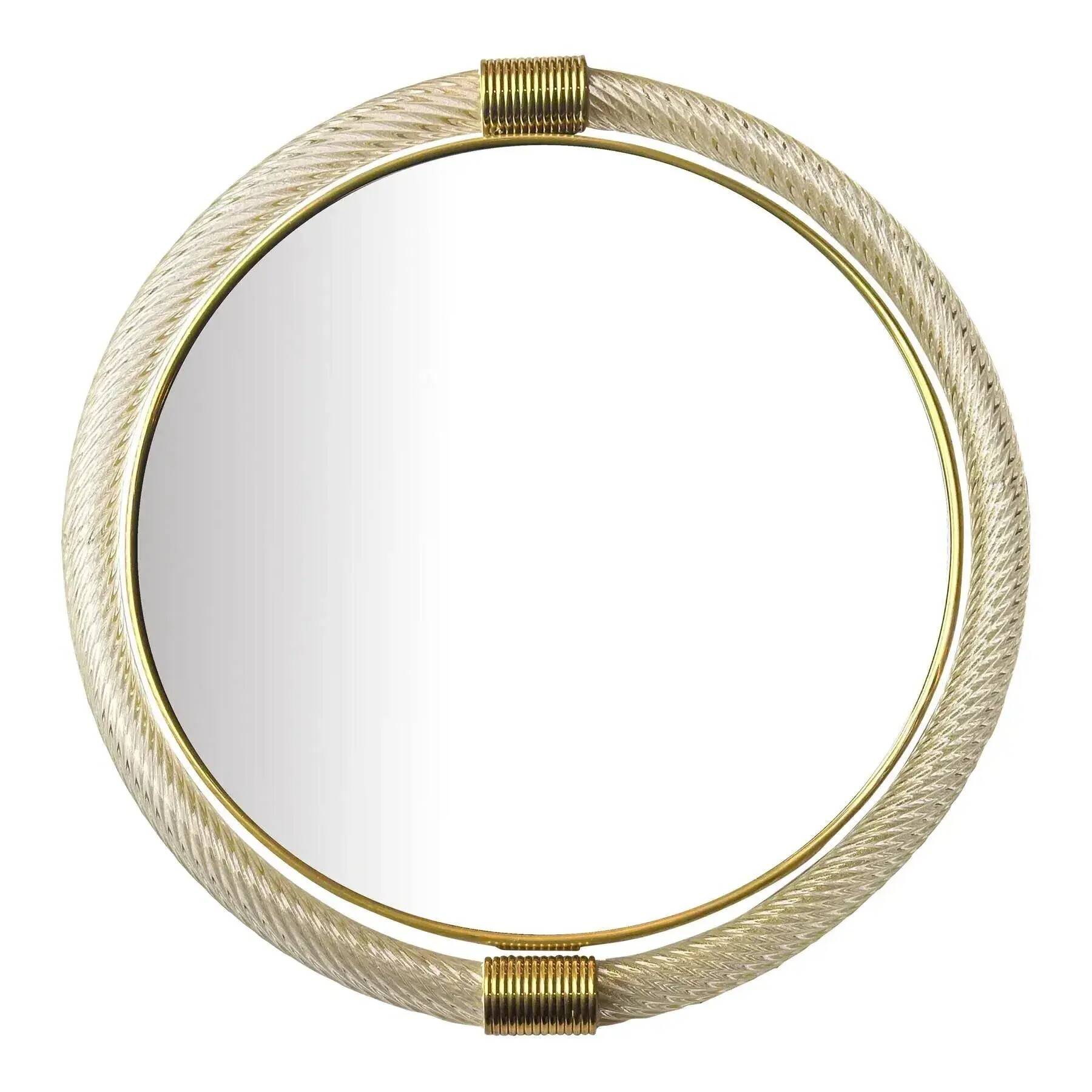 Venetian Round Murano Glass Wall Mirror with Torgiglione-Torchon Design, Ba
