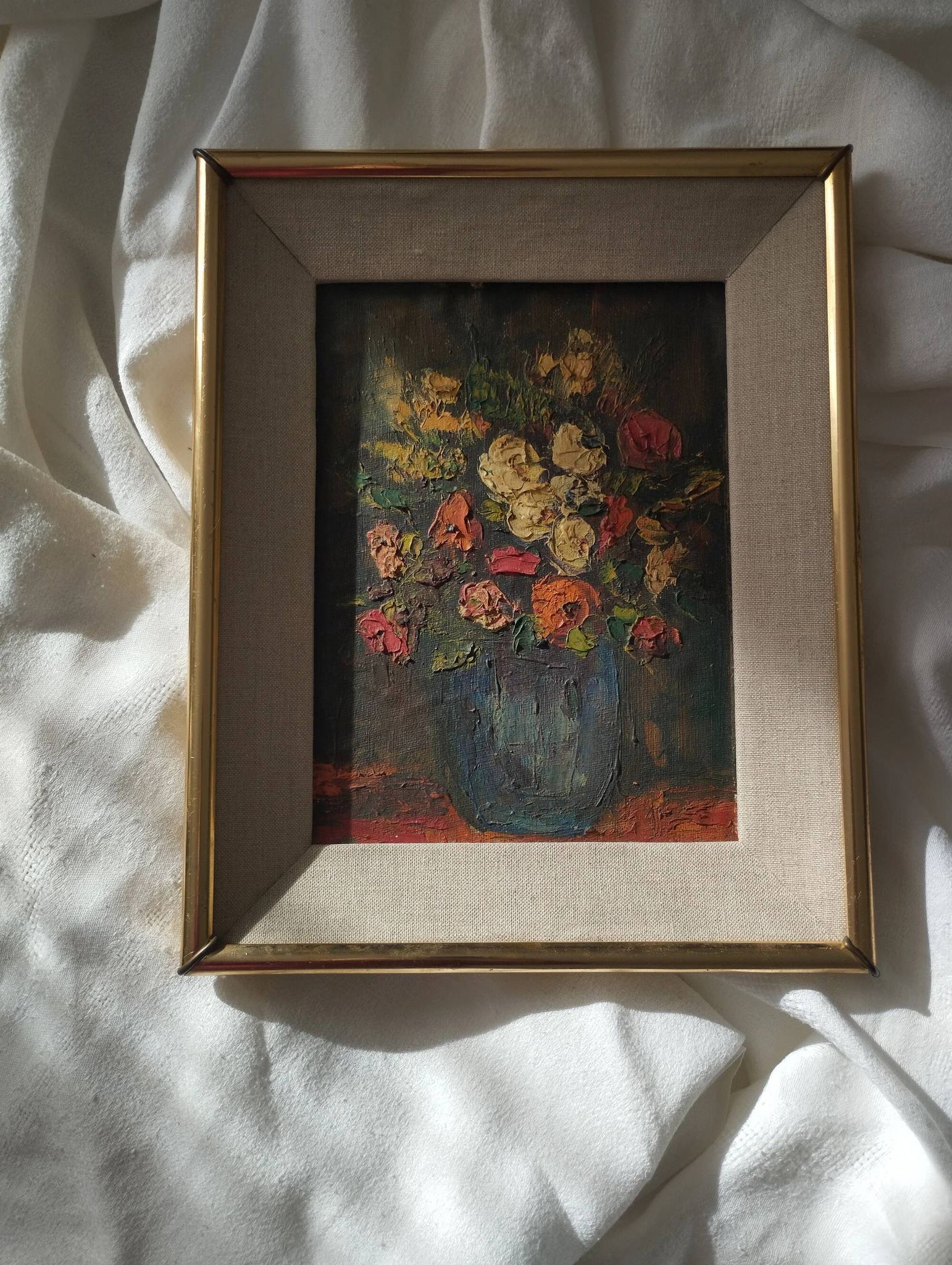 Bouquet de fleurs - Huile sur toile encadrée.