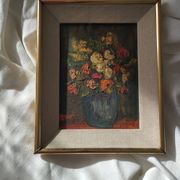 Bouquet de fleurs - Huile sur toile encadrée.