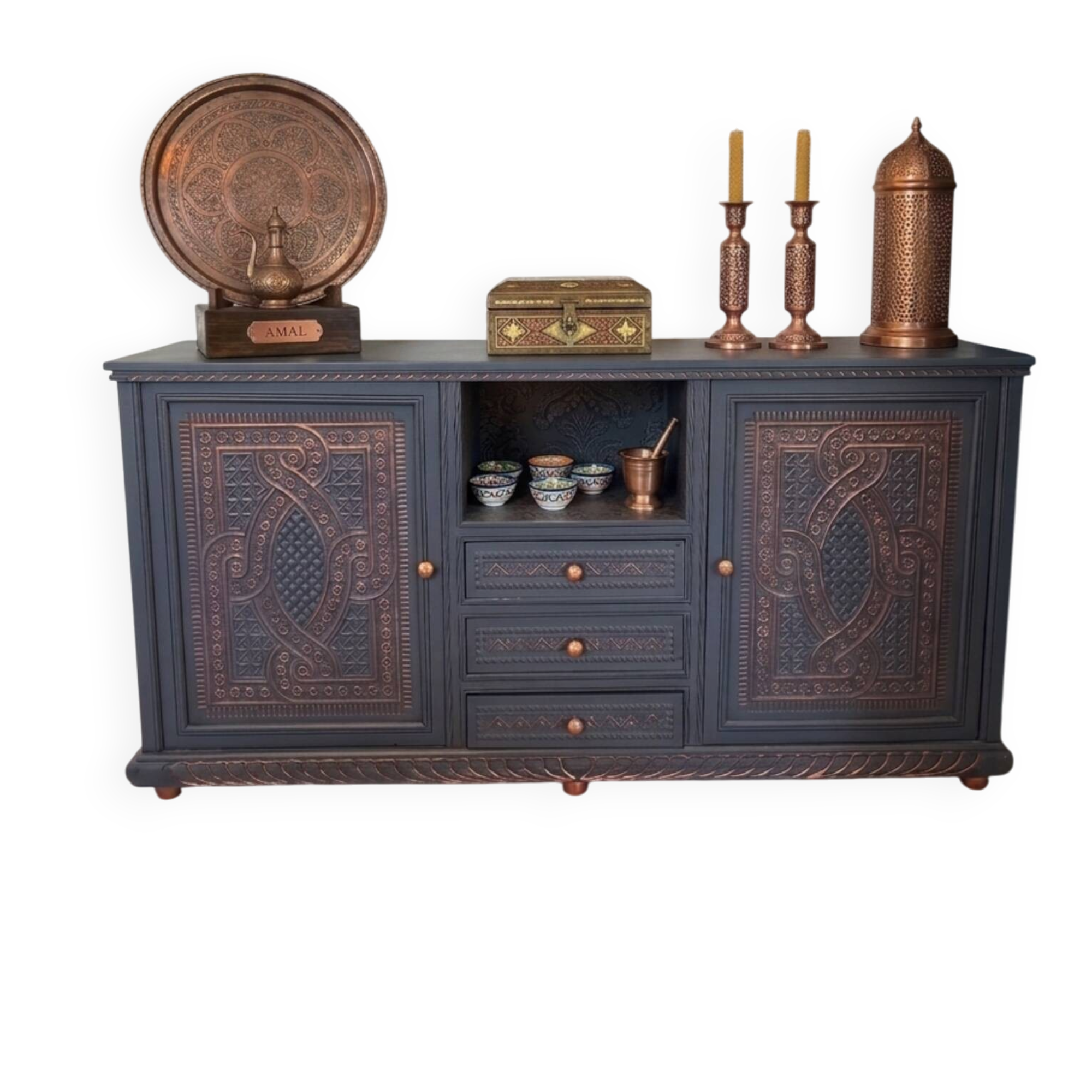 Buffet syrien gris anthracite et cuivre