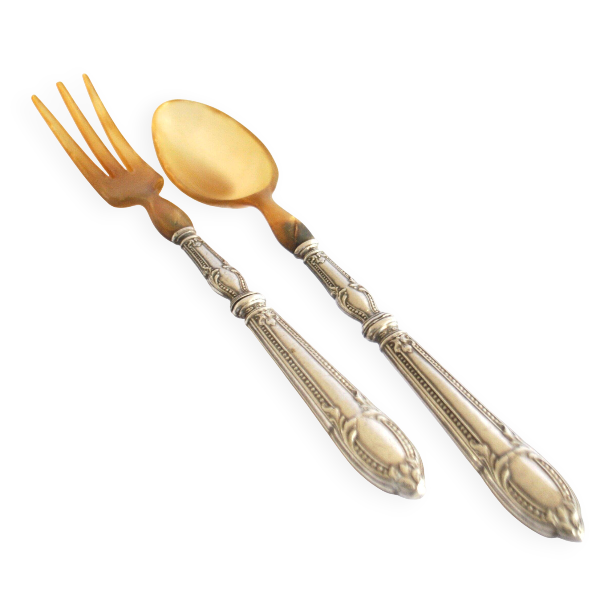 Silver-plated salad cutlery with horn – pearl and scroll decoration 1900