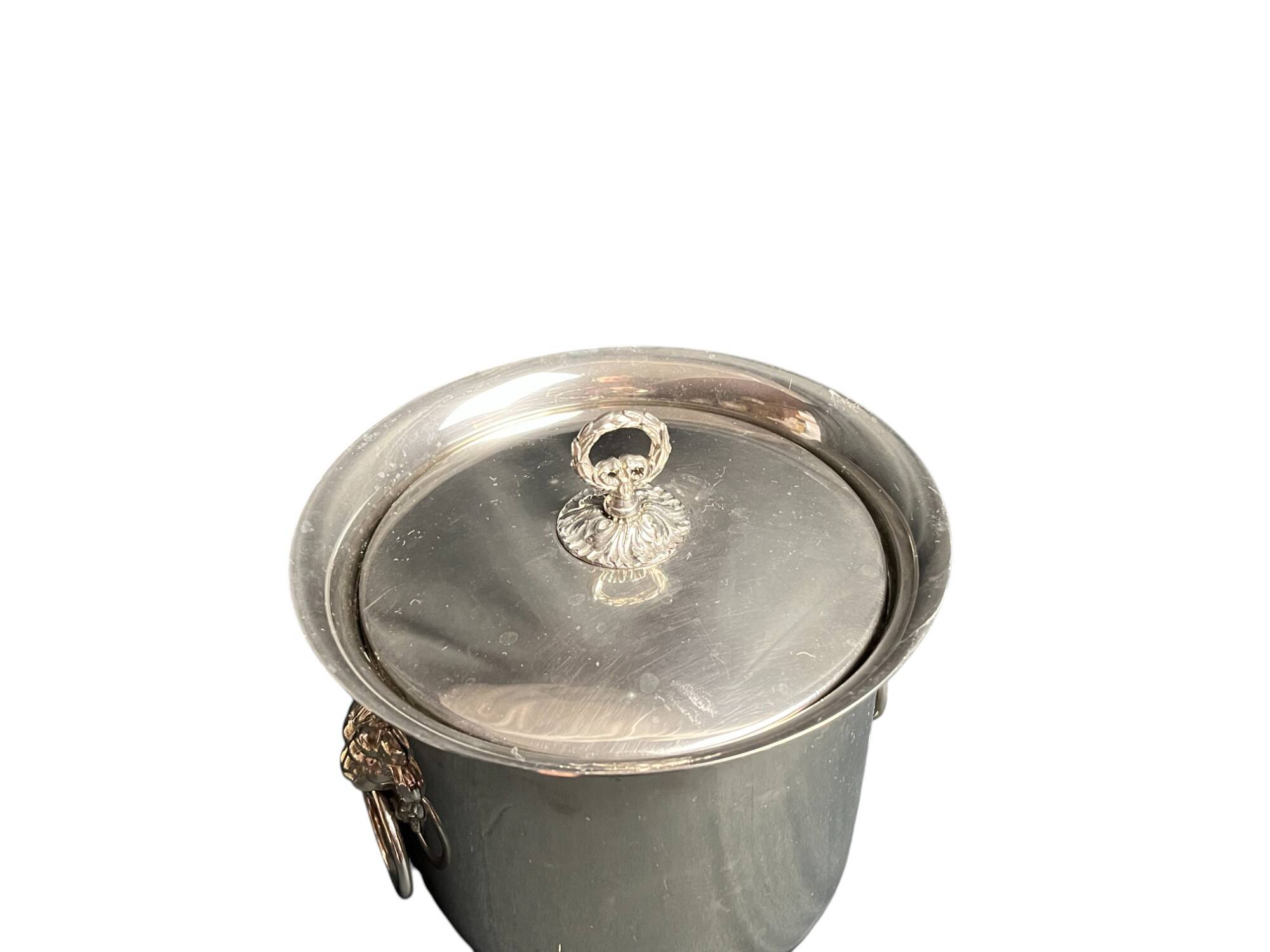 Tableware, Thermid silver metal ice bucket, glass bowl, lion handles X