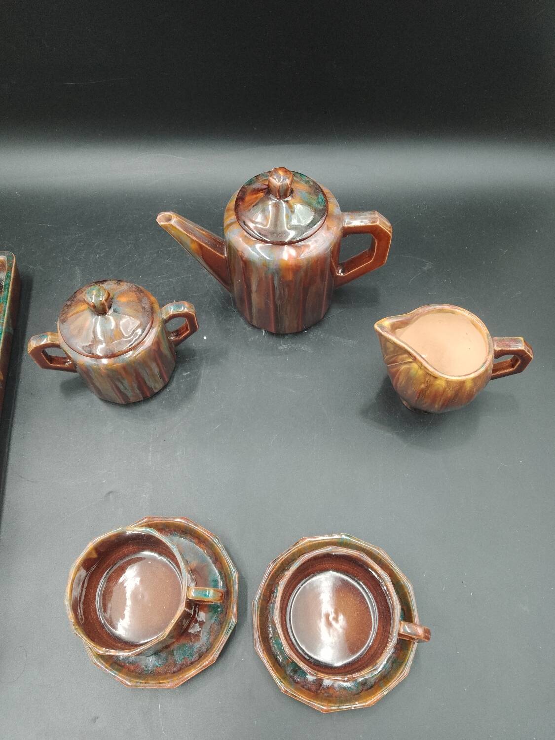 Tête-à-tête coffee service in Puisaye stoneware signed Louis Cagnat, Art Deco