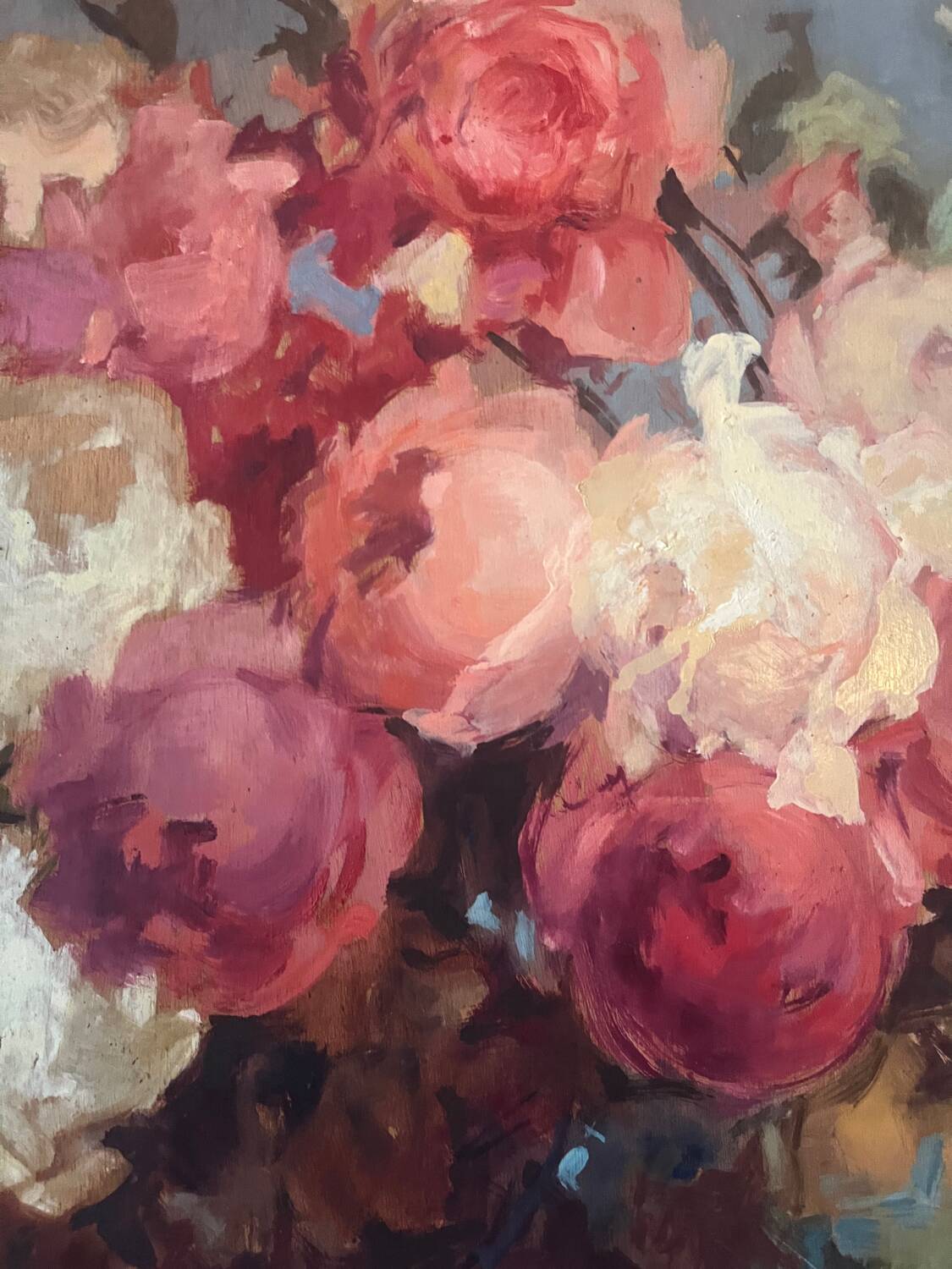 Large bouquet of roses, oil on wood panel, signed