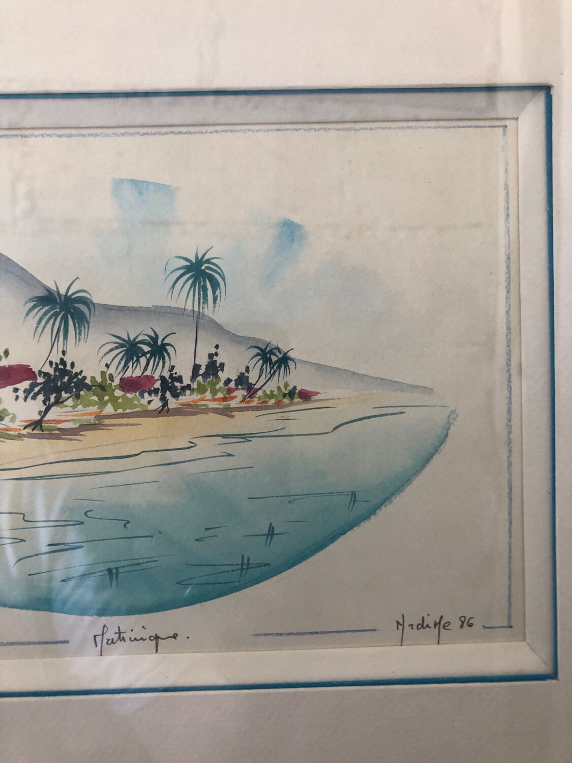 Watercolor painting nadine martinique st anne + wood frame #a224