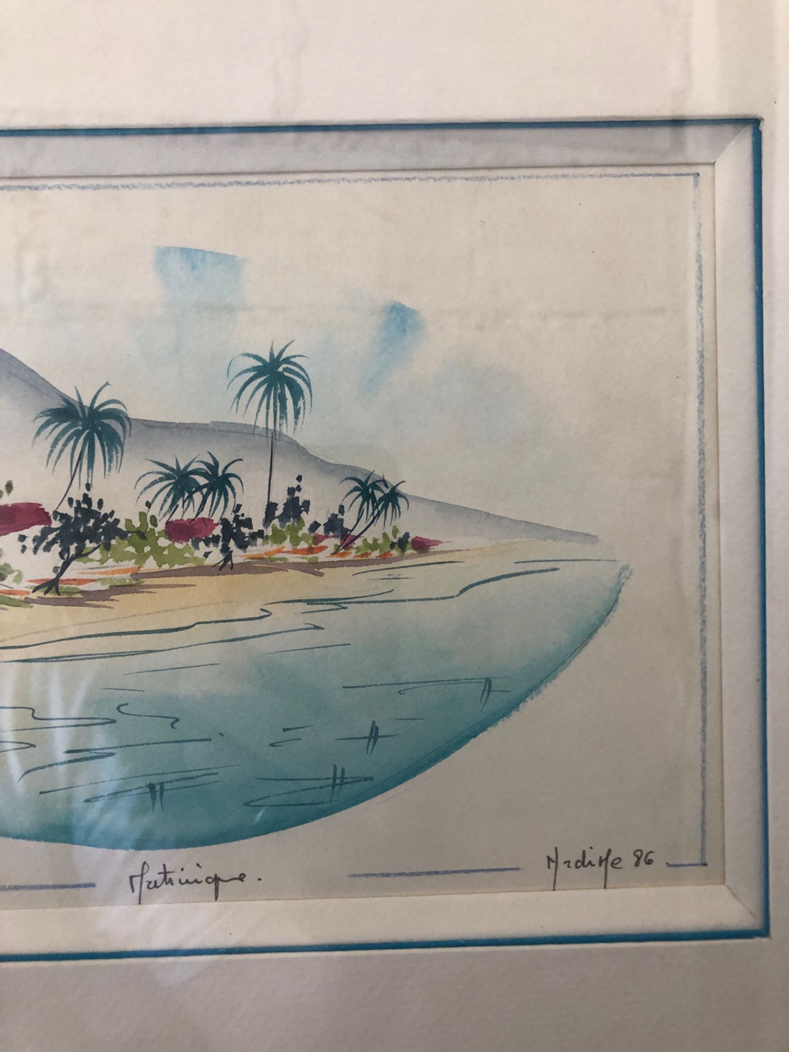 Watercolor painting nadine martinique st anne + wood frame #a224