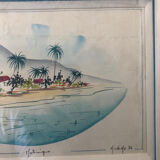 Watercolor painting nadine martinique st anne + wood frame #a224