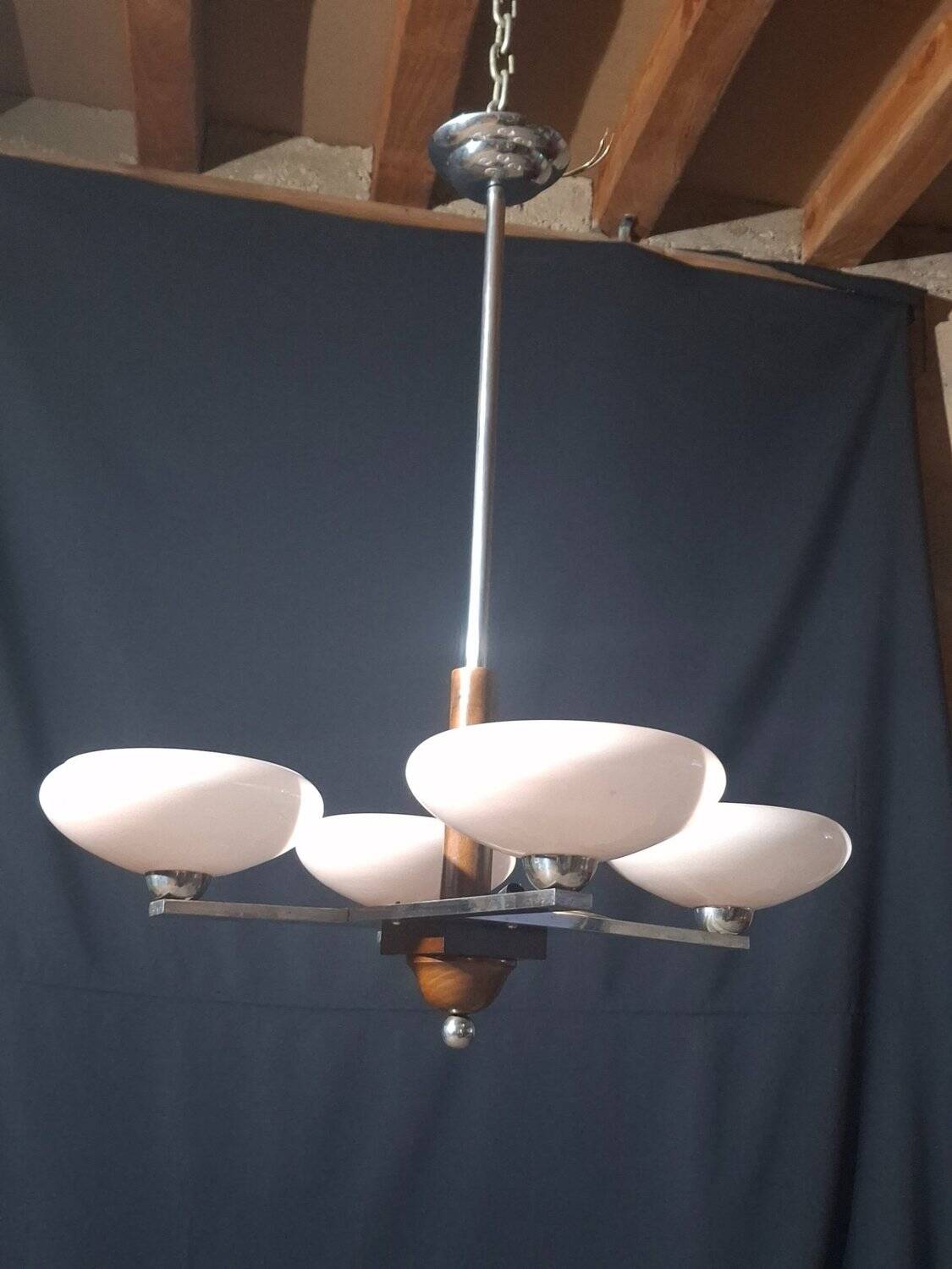 Lustre Art déco années 50 – chrome & opaline rose