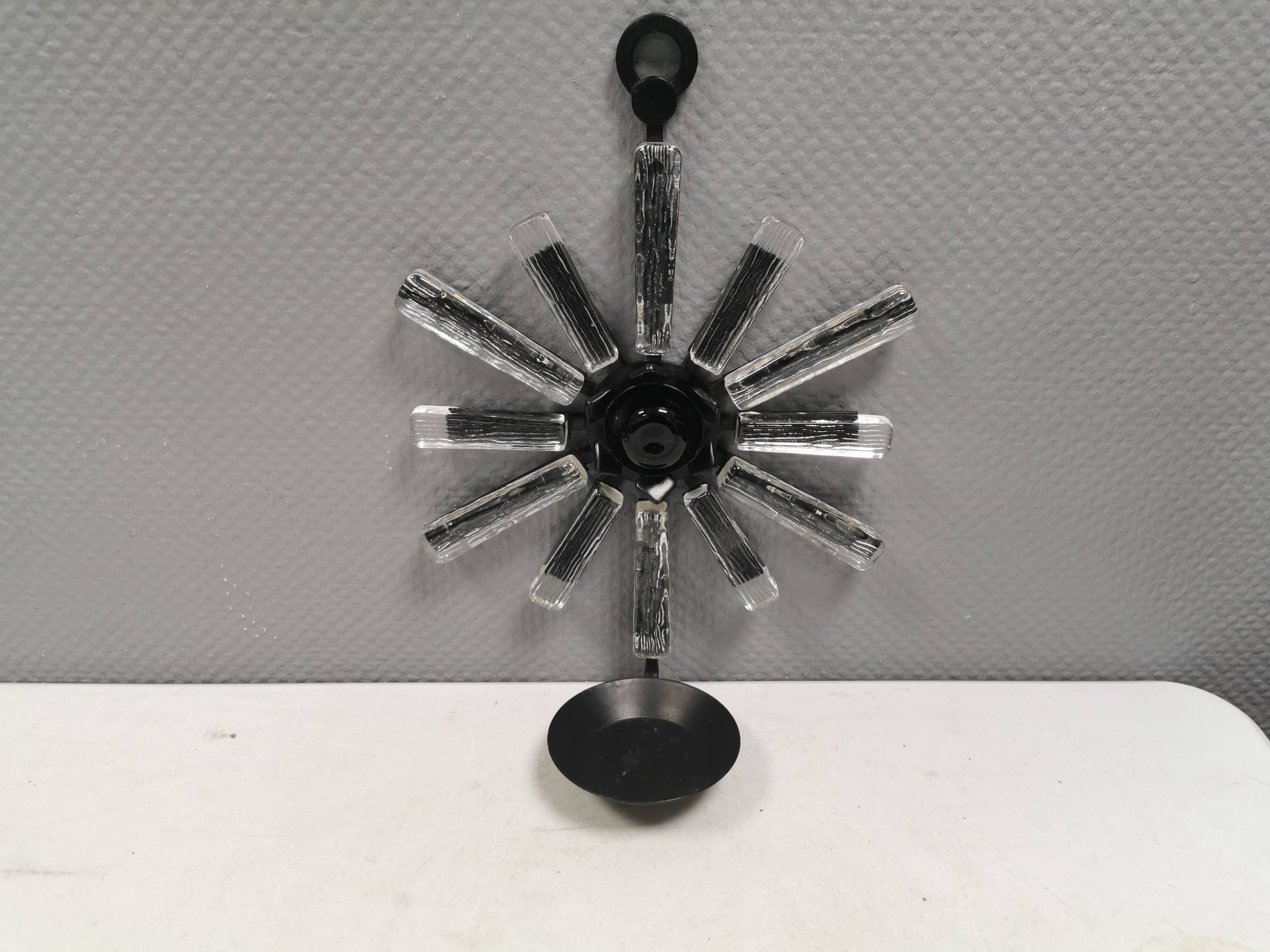 Vintage wrought-iron wall candle holder with pressed glass decoration 1970s